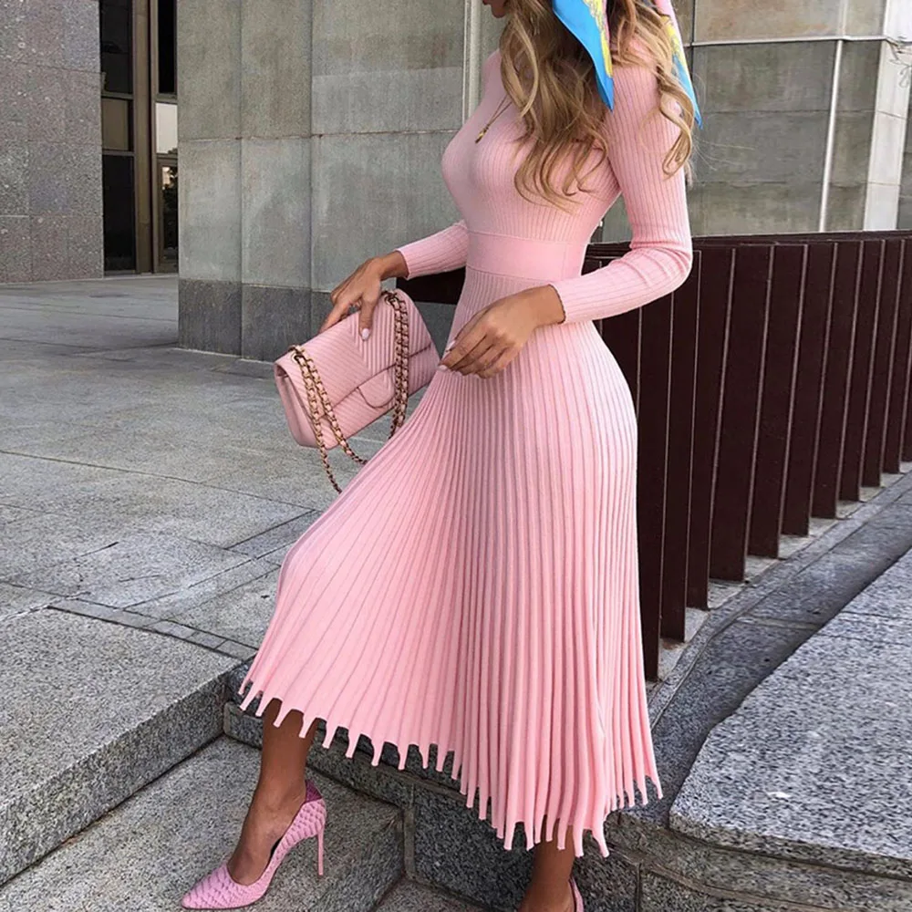 

2020 Spring Pink Pleated Knitted Dress Women Sweater Dresses Winter Elegant Warm Party Vestido Plus Size Black Fashion Vestidos