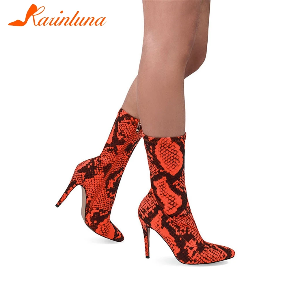 

KARINLUNA Spring Autumn New Fashion Printed Stretch Sock Boots Pointed Toe High Heels Woman Ankle Boots Ladies Short Boots
