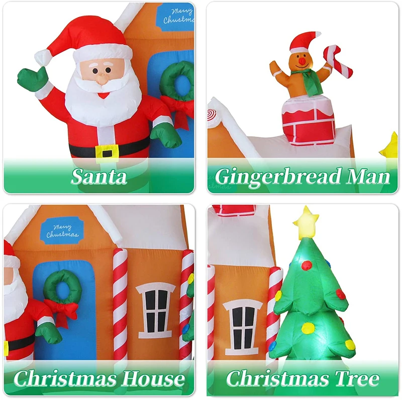 6 Ft Christmas Inflatable Santa's House with Christmas Tree & Gingerbread Man LED Blow Up Yard Decorations Christmas Party Toys 4
