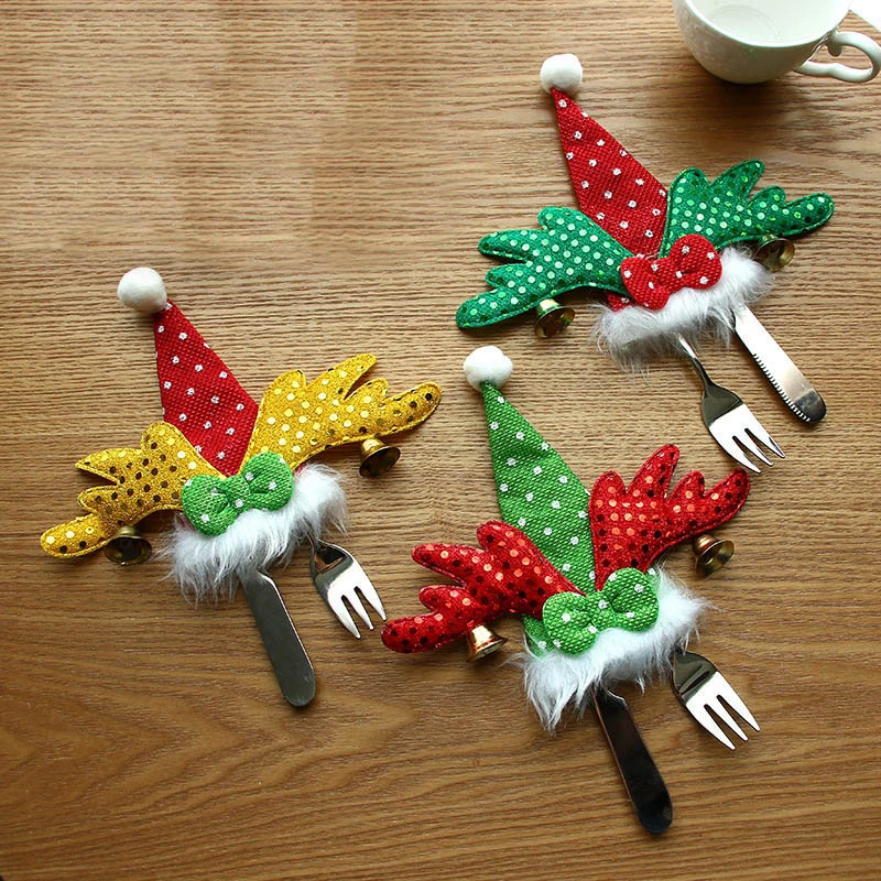 

Santa Hat Reindeer Christmas New Year Pocket Fork Knife Cutlery Holder Bag Home Party Table Dinner Decoration Tableware 62794