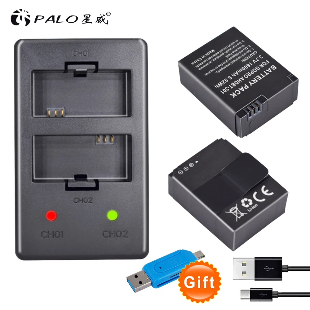 PALO 2 шт. Hero 3 + Аккумулятор 7 в AHDBT 301 Hero3 аккумулятор USB двойное зарядное устройство