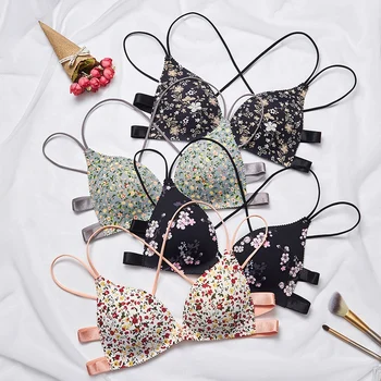 

Sexy Floral Print Bra Front Buckle Wireless Cross Beauty Back Underwear Women Push Up Lingerie Seamless Bralette нижнее белье