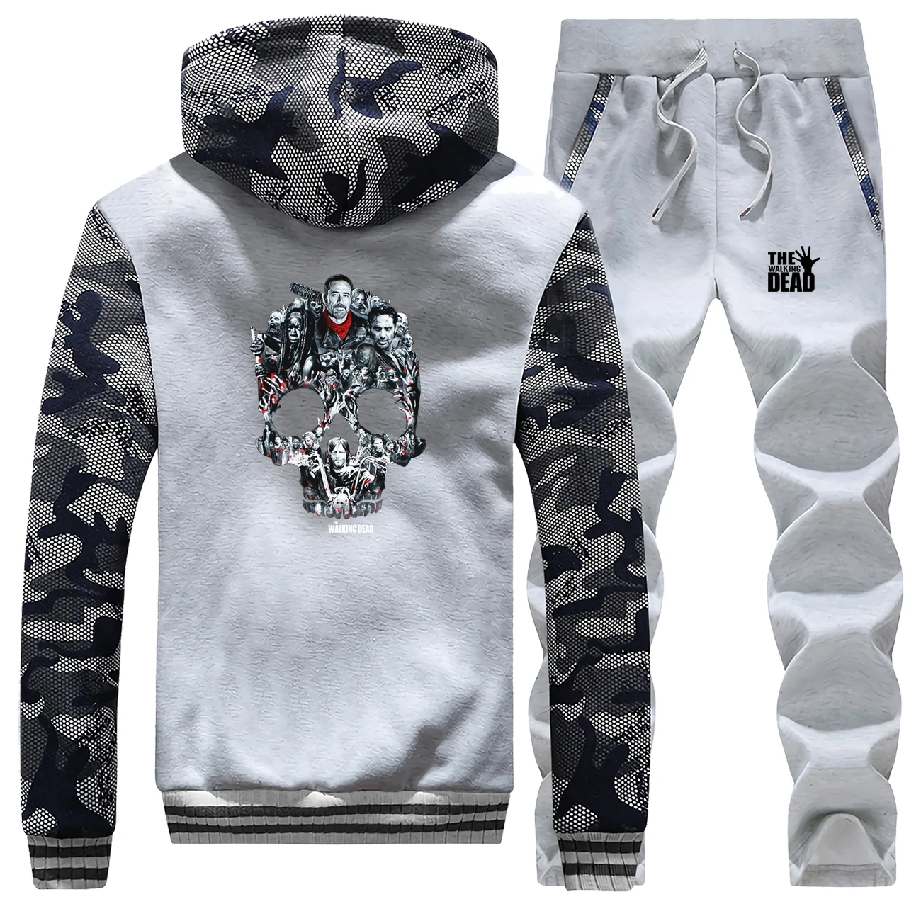Мужской спортивный костюм с изображением черепа ходячих мертвецов, зимний теплый толстый костюм, толстовка с капюшоном, куртка, брюки, мужские спортивные комплекты из 2 предметов, штаны