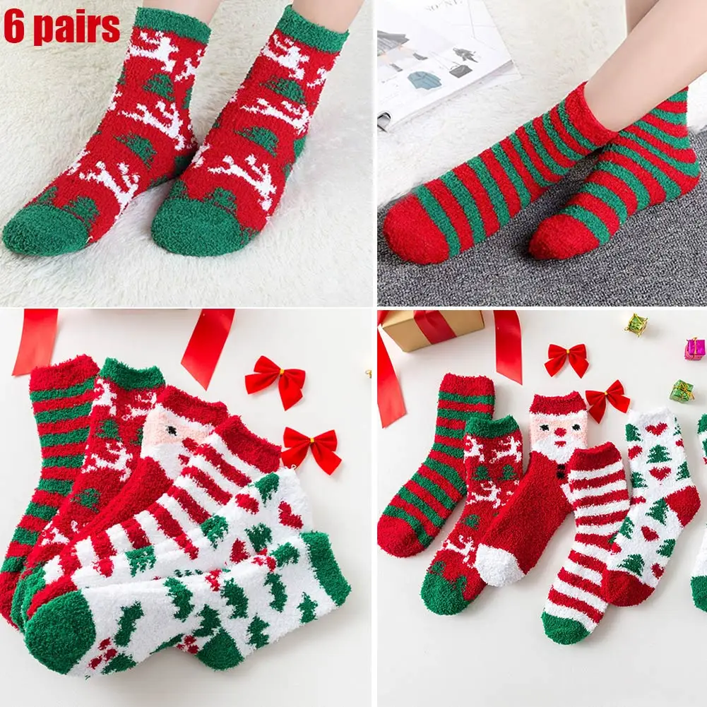 Newly 6 Pairs Thickened Warm Christmas Soft Socks Women Winter Fleece Socks Daily Home Sleeping Cartoon Socks Gift Socks