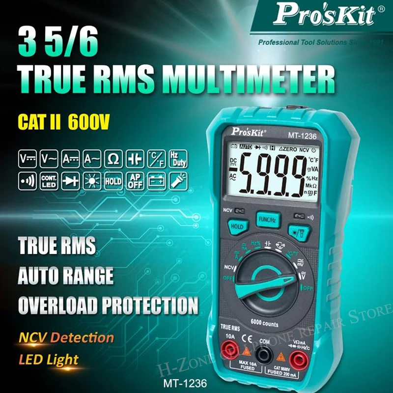 Pro'sKit MT-1236 3-5/6 True RMS Digital Multimeter ACA ACV DCA DCV Automatic Range Electrician Burn-proof Meter LED Lighting