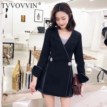 

TVVOVVIN 2019 New V-neck Flare Lseeves Two Buttons Slim High Women Single Suit Ol Sexy Jacket All Match Dress E315