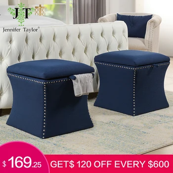 

Jennifer Taylor Home Furniture Holly Concaved Storage Ottoman Midnight Blue Pouf Footstool Hourglass Shape Nailhead Accents