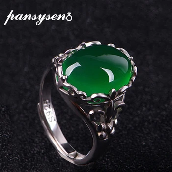 

PANSYSEN Vintage Oval 12x15MM Emerald Chalcedony Finger Adjustable Rings for Women Men Wholesale 925 Silver Anniversary Ring