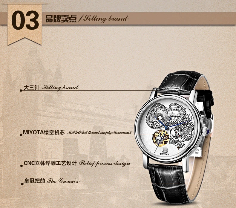 3D ручной рельеф дизайн Бингер Мужские автоматические самовзводные известный бренд модные роскошные часы кожаный ремешок Механические наручные часы