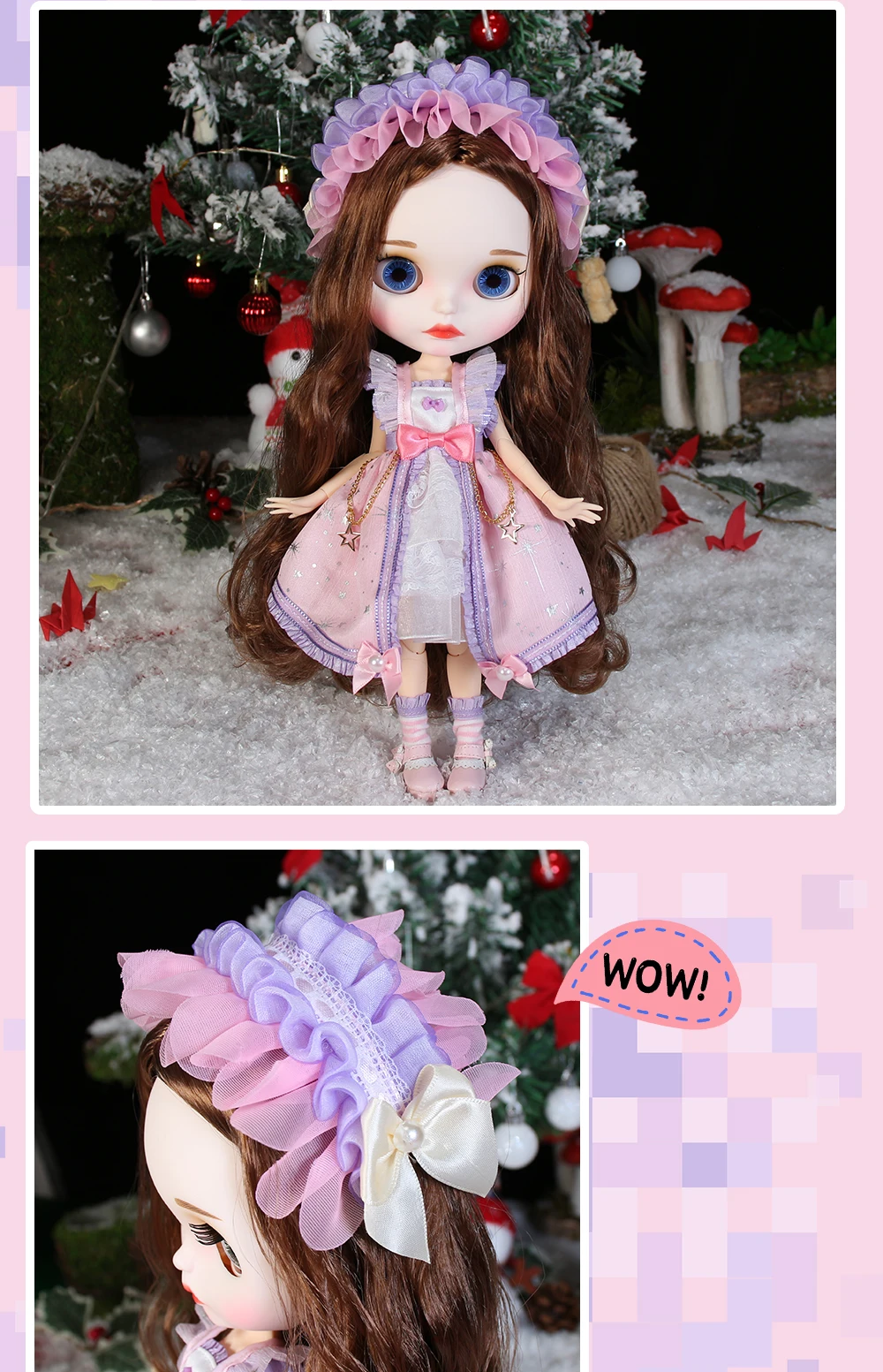 Neo Blythe Doll Bow Dress with Headdress & Socks 2