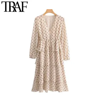 

TRAF Women Vintage Sweet Polka Dot Ruffles Midi Dress Fashion V Neck Long Sleeve Drawstring Female Elegant Dresses Vestidos