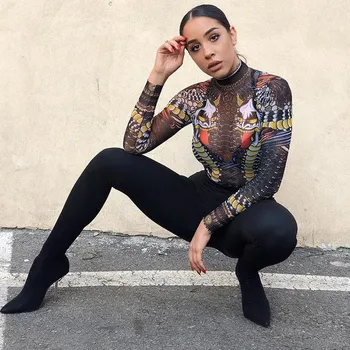 

2020 Women Mesh Perspective Print Long Sleeve Jumpsuit Half High Collar Sexy Romper See Through Bodycon Slim Clubwear Bodysuit