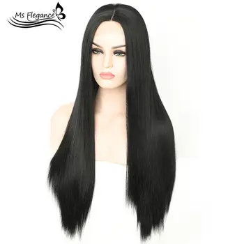 

MS Black Straight Lace Front Wig Synthetic Wigs For Black Women Silk Hair Extension Natural Hairline Lace Wig Include Wig Cap