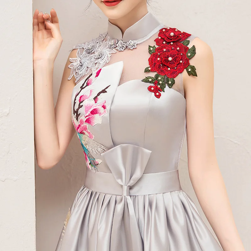 Серое элегантное сексуальное китайское женское платье-Ципао с вышивкой, Vestidos, брюки-пачки, восточные свадебные вечерние платья, размер s-xxl