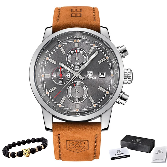 BENYAR новые часы мужские военные Роскошные Лидирующий бренд кварцевые Бизнес Мужские часы модные хронограф кожаные часы Relogio Masculino - Цвет: silver gray
