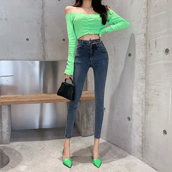 

Quality Hollow High Waist Jeans Women's Autumn New Hong Kong Flavor Chic Tight Elastic All-around 9-point Small Leg Pants