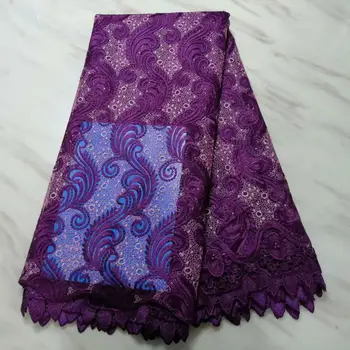

Latest High Quality Beaded Rhinestones Lace Fabric African Voile French Lace Fabric With Embroidered For Wedding Purple