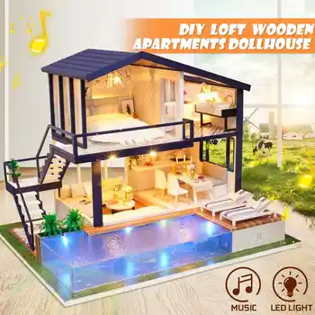 

Doll House Furniture Diy Miniature 3D Wooden Miniature Loft LED Music Apartments Dollhouse Toys for Children Kids Birthday Gifts