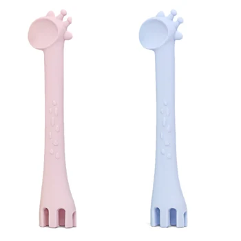 

Baby Spoon & Fork Training Set, Fun Giraffe Design Soft Silicone Infant & Toddler Utensils for Mealtime and Self Feeding ( Pink&