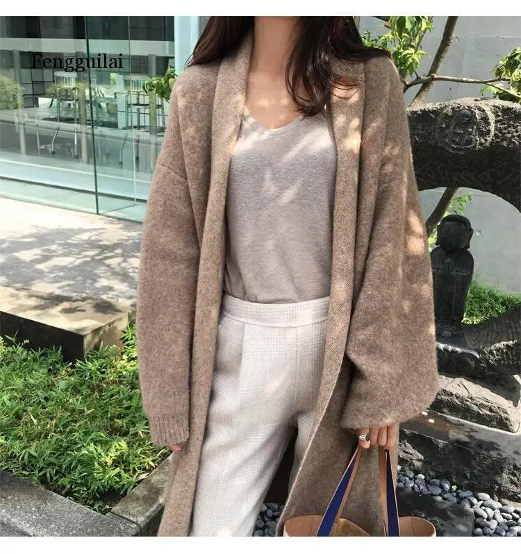 Women Spring Autumn Elegant Solid Knitting Sweater Coats Female Lapel Long Coats Ladies Loose Casual Knit Cardigans - Цвет: brown