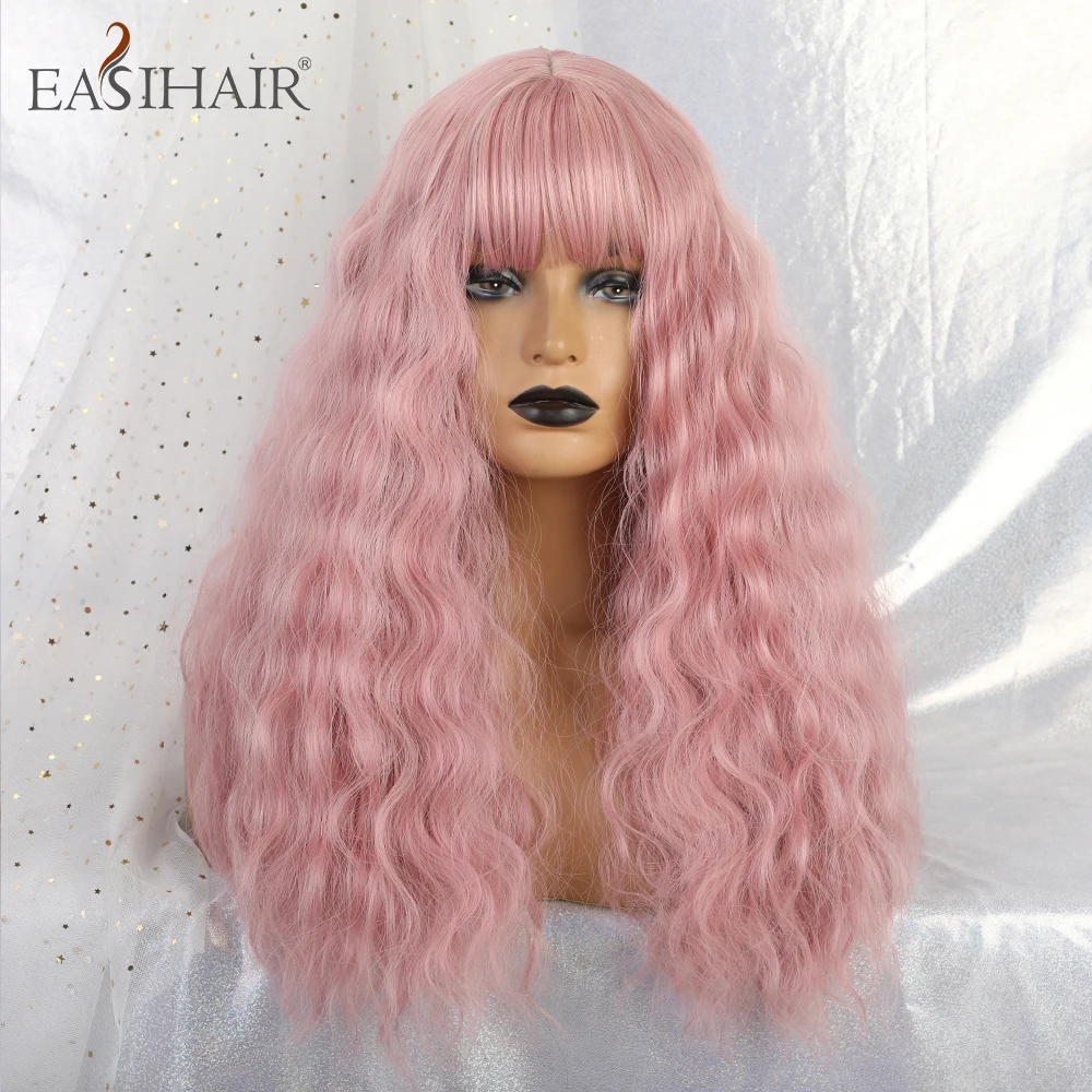 

EASIHAIR Long Pink Cosplay Wigs With Bangs Curly Wave Synthetic Wigs for Women Afro Heat Resistant Lolita Hair Wigs