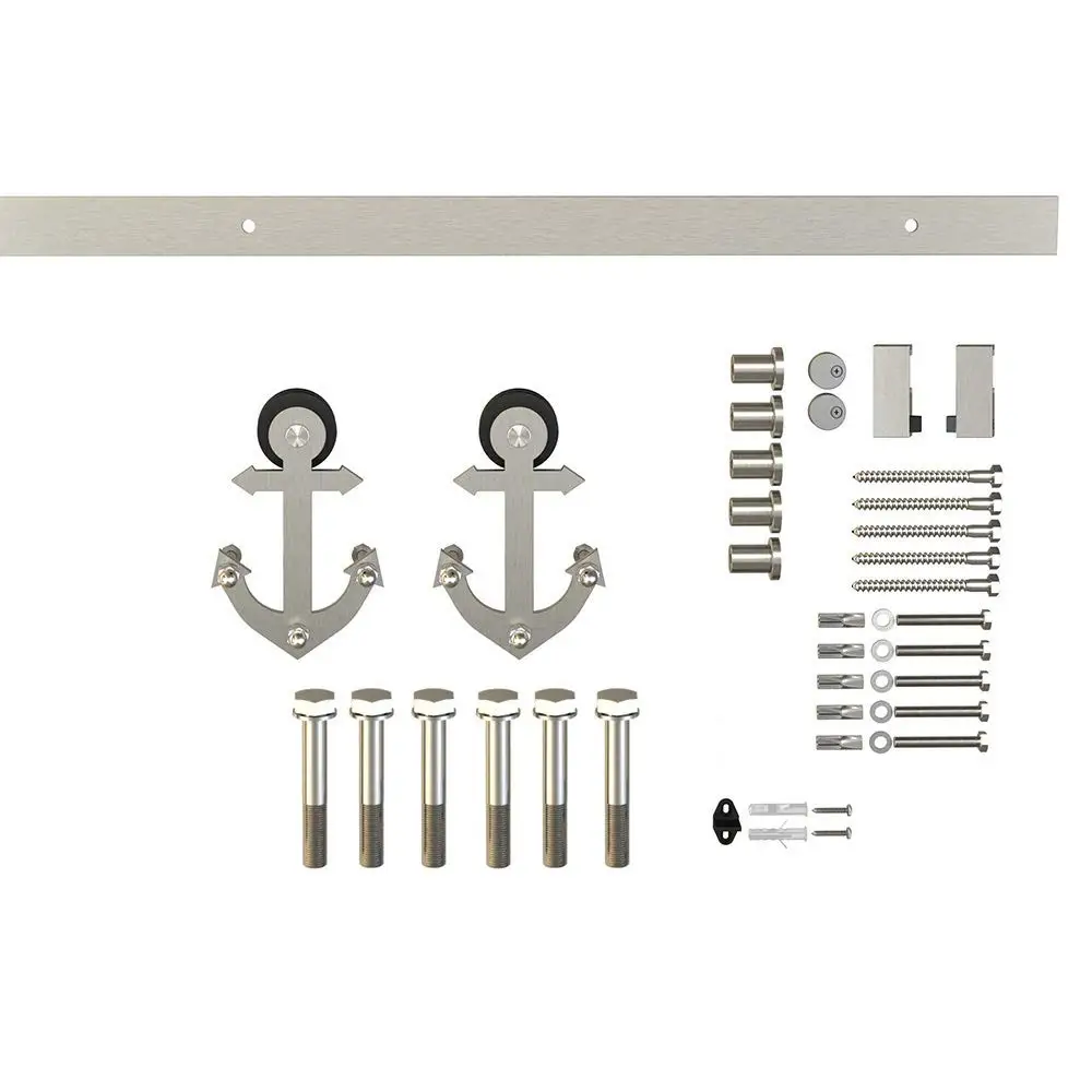 

6.6ft 1 Rail Satin Nickel Steel Sliding Barn Door Hardware Track Kit,Anchor Hanger Roller