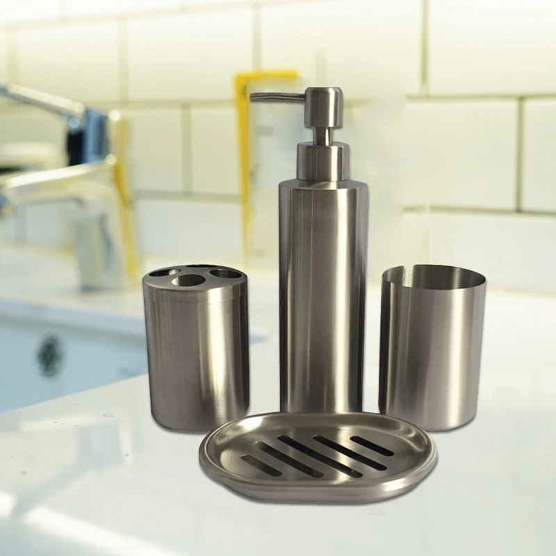 304 Stainless Steel Bathroom Set Bathroom 4 Piece Set Lotion Bottle Toothbrush Holder Wash Cup Soap Box Bathroom Supplies