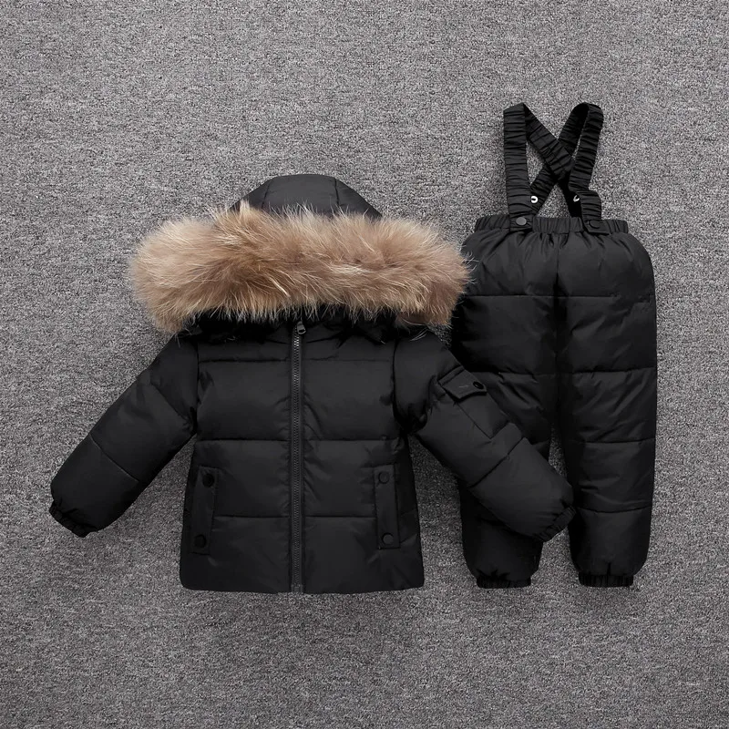Коллекция года, зимний комплект одежды для маленьких мальчиков, Толстая куртка-пуховик для девочек Теплые Детские Зимние костюмы Детская верхняя одежда с натуральным мехом, пальто+ штаны