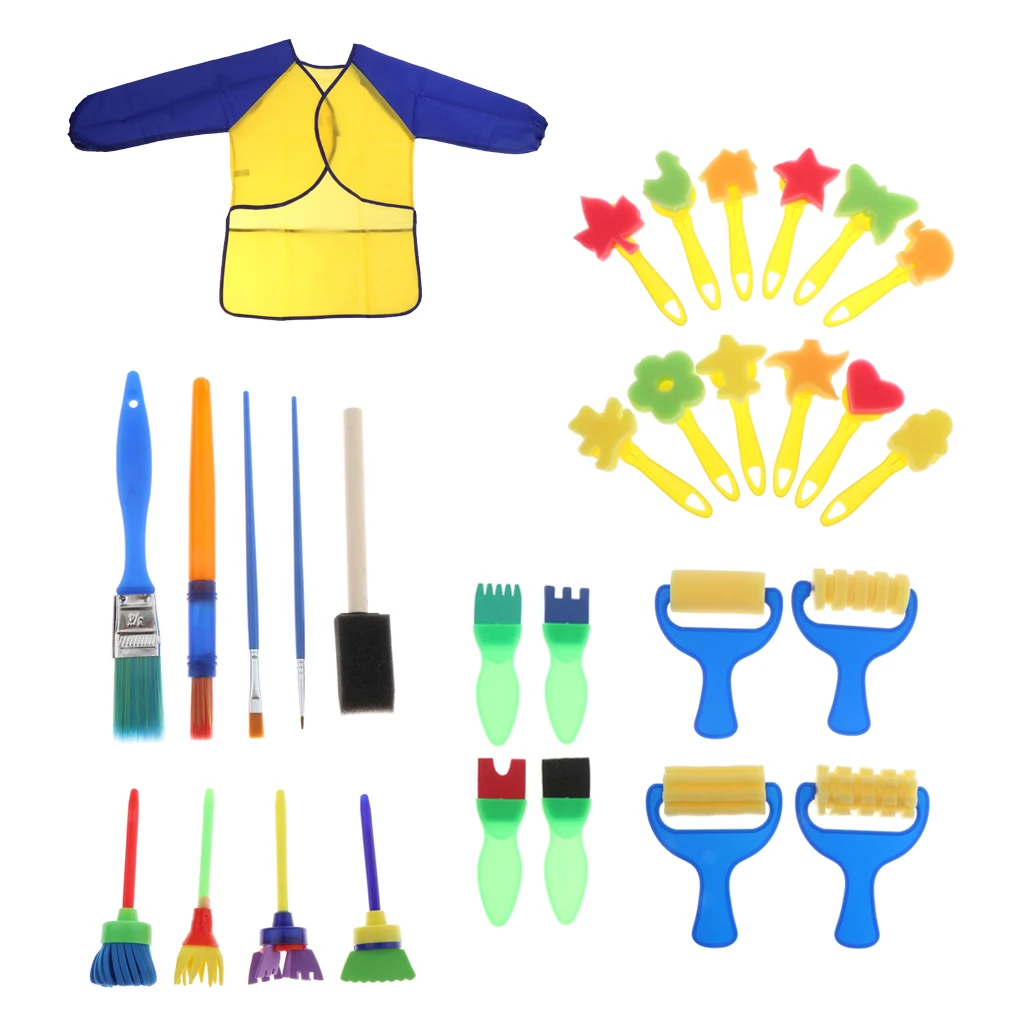 Children Kids Crafts Art Drawing Colorful Sponge Brushes w/ Painting Apron Tool Set Fun Toy
