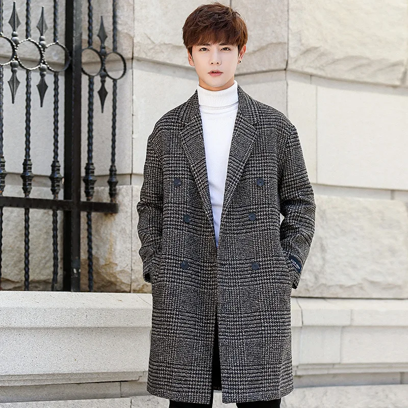 

Winter Long Jacket Men Fashion Korean Loose Fit Double Breasted Trench Coat Teenager Turn-down Collar Pocket Warm Overcoat Male