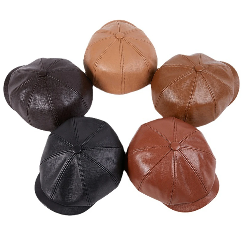 Hot Sale LA SPEZIA Genuine Leather Newsboy Men High Quality Octagonal Hat Autumn Winter Beret Real Cowskin Flat Cap_voghion.com