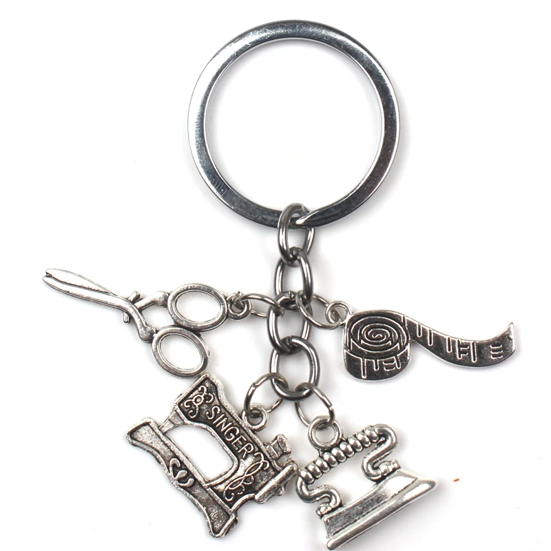 

2020 New Fashion Accessories Sewing Machine Iron Scissors Ruler Key Ring Tailor Key Chain Quilter Keychain Silver Designer Gift