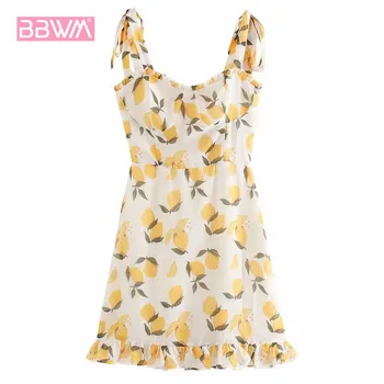 

V-neck Sleeveless Sweet Lemon Print Chic Women's Dress French Harajuku Retro Elastic Waist Leisure Vacation Female Dress
