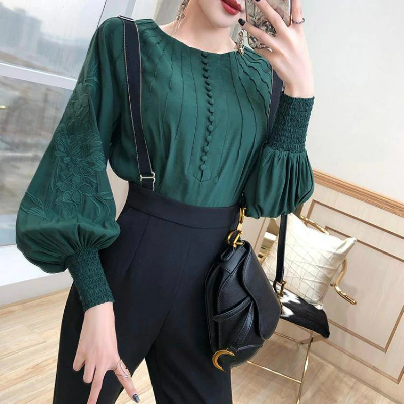 2 Piece Set Women Green Chiffon Blouse Black Pants Suit Overalls Outfit|Women's  Sets| - AliExpress