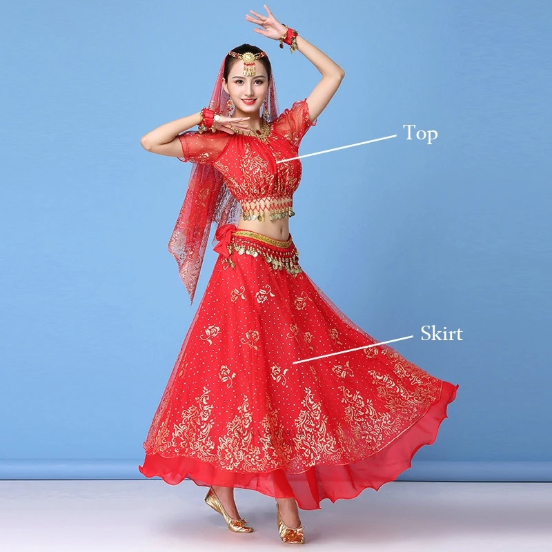 2pcs-red Болливуд платье костюм Женский индийский танец набор Танец живота Сари одежда танец живота представление одежда шифон танец набор - Цвет: 2pcs-red