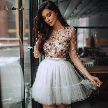 

Elegant Homecoming Dress Crystal Beaded White Short Party Dress O-Neck Long Sleeves Sparkly Graduation Dresses vestido de festa