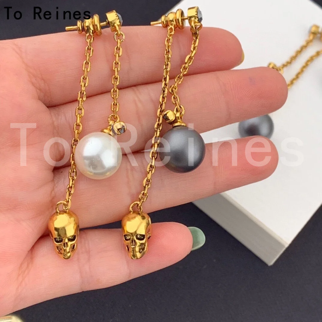 Hot Brand Gold Color Fashion Jewelry For Women High Quality Pearls Earrings Skull Head Punk Dangle Drop Earrings
