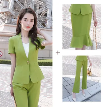 

3-piece Set Womens Skirt Suits Summer Interviewee Formal Overall Short-sleeve Jacket Mermaid Midi Skirt Long Trousers Set Female