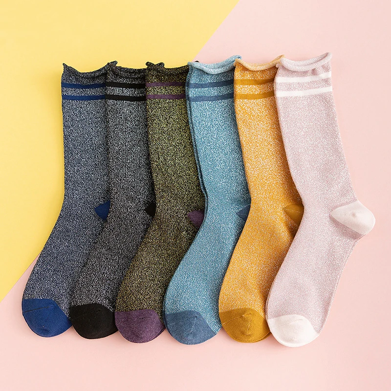 Осенние новые женские носки повседневные однотонные яркие шелковые модные женские хлопковые носки в полоску