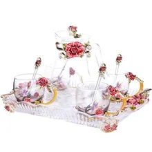 Европейская эмалированная цветная бутылка для воды, набор чайников с поддоном с ложкой, термостойкая стеклянная домашняя чайная чашка, подарочные Стеклянные Чашки