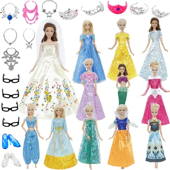 

2x Dresses / Plastic Jewelry Toy Fairy Tale Ball Gown Cartoon Princess Accessories for Barbie Doll Clothes for Frozen for Belle