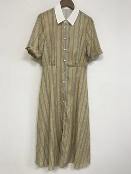 

2020 Spring Summer Striped Women's Midi Dress Color Patcheork Single-breasted Lady Turn-down Collar Short-sleeved Shirt Dresses