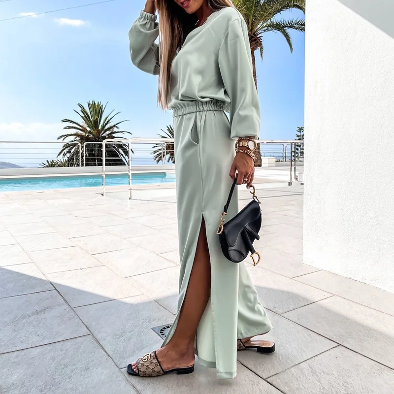 

Office Lady Fashion Solid Pants Suits V Neck Full Sleeve Shirt and Split Wide Leg Pants Women Casual Daily Outfits STREETWEAR