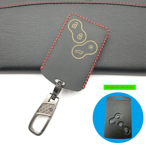 Высококачественный автомобильный кожаный чехол для ключей, защитный держатель для Renault Clio Logan Megane 2 3 Koleos Scenic Card 4 брелок для ключей с кнопками - Название цвета: Black and keychain