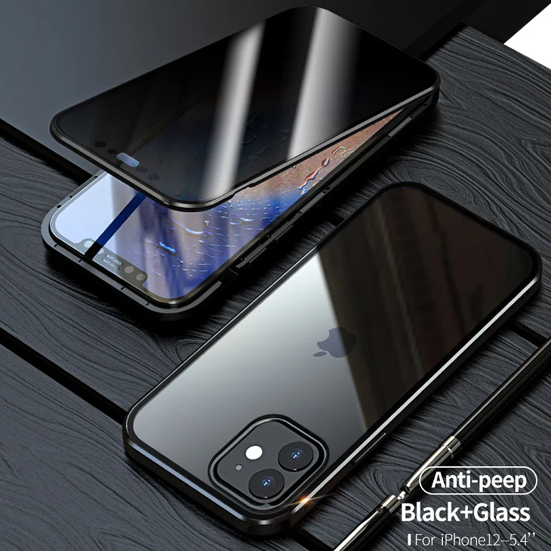 front + back 360 full Tempered glass case for iPhone 12 Mini 12 Pro Max Anti peeping privacy case Metal Magnetic case cover