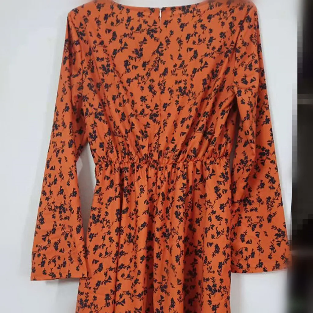 Fashion Women Dress Floral Printing Elastic Waist O-Neck Loose Long Sleeves Female Autumn Winter Party Dress Vestidos