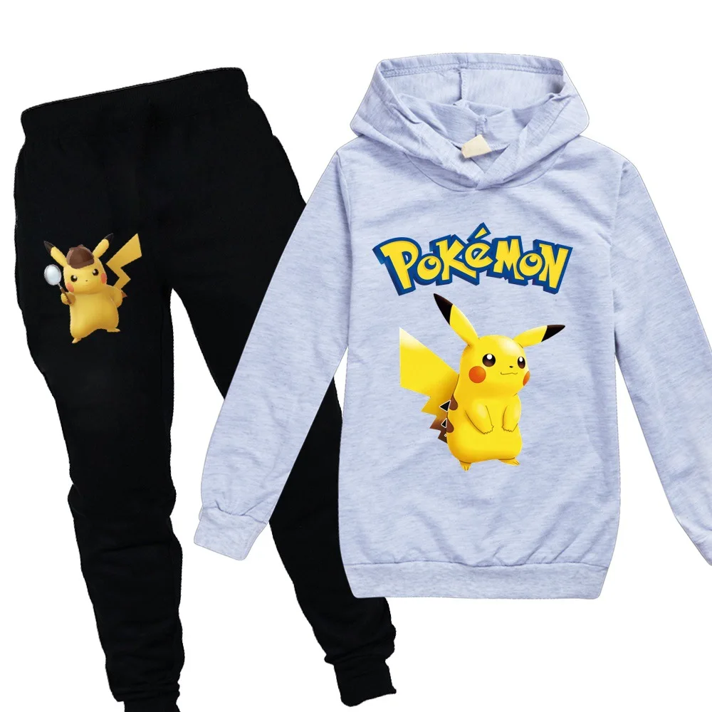 Детская одежда для мальчиков и девочек с принтом «POKEMON GO», «Detective Pikachu»; осенний свитер; комплект из 2 предметов; хлопковая Спортивная толстовка с длинными рукавами и рисунком; комплект с футболкой