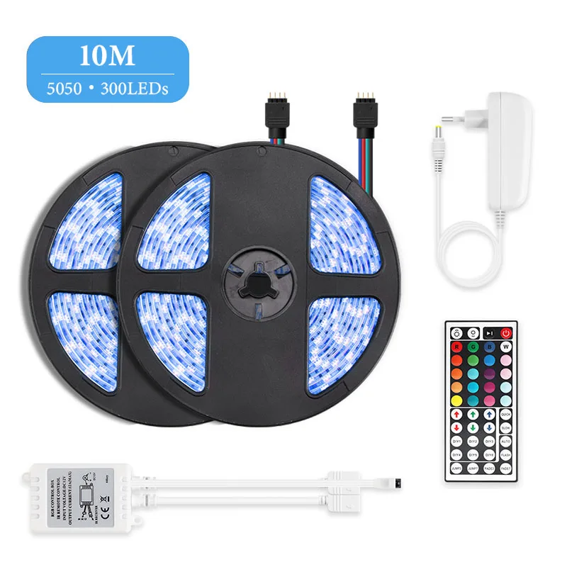 10M 5050 300LEDs RGB светодиодный светильник 5050 SMD 2835 гибкая лента fita светодиодный светильник RGB 10 м лента диод DC 12 В 44 Ключ адаптер дистанционного управления - Испускаемый цвет: 10M 5050 300LEDs