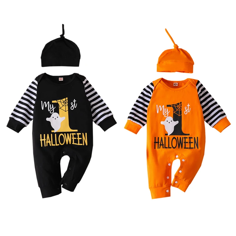 

Newborn Infant Romper with Hats 2pcs Outfits First Halloween Jumpsuits and Beanies Cap Cartoon Ghost Letter Printed Clothes Sets