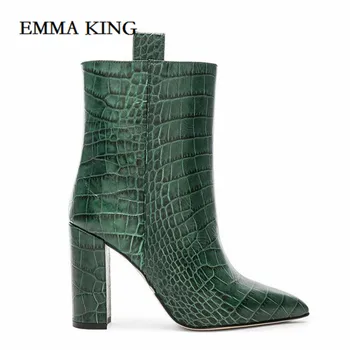

Women Pointed Toe Block Heel Ankle Boots Western Cowboy Boots Crocodile Pattern Female Fashion 2019 New Bota Plus Size 43